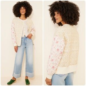 Avec Les Filles Floral Quilted White Pink Yellow Jacket Large